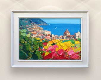 Peinture Positano sur toile, oeuvre d'art originale, côte amalfitaine, peinture italienne, peinture colorée, peinture de paysage marin, art mural de chambre à coucher, cadeau