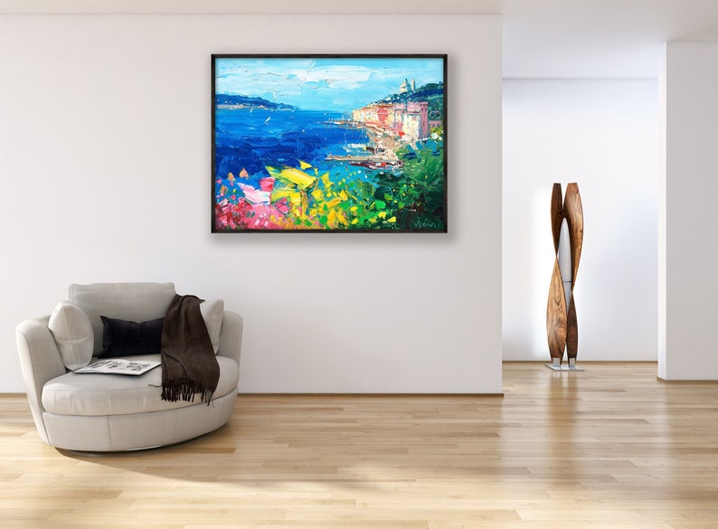 Portovenere painting, original oil painting on canvas hanging in a modern living room with a beige sofa and home decor
