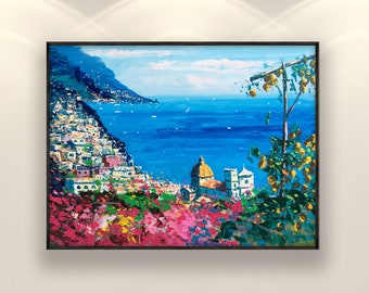 Positano Painting on Canvas, Original Artwork, Amalfi Coast Art, Italy Painting, Living Room Wall Art, Large Wall Art, Anniversary Gift