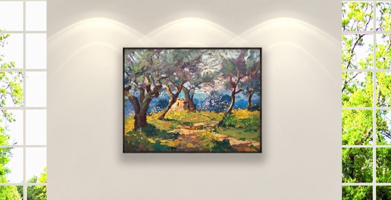 Original Tuscany Olive Grove Oil Painting, Modern Impressionist Italian Landscape Wall Art Decor