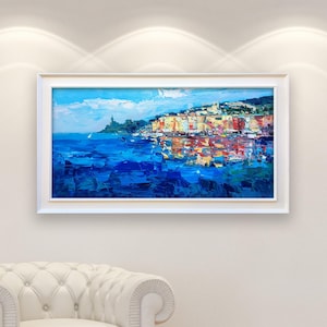 Portovenere Italy Painting on Canvas, Modern Textured Seascape, Italian Coastal Wall Art, Large Original Art, Gift for Home Decor