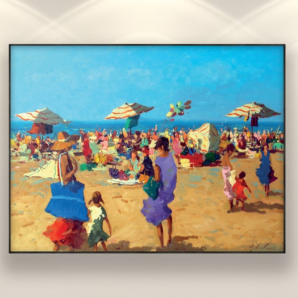 Peinture de plage d'été sur toile avec des gens, grande scène de plage, peinture figurative, art coloré de parasol, décoration de maison de plage