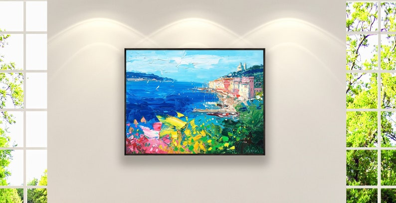 Portovenere painting, original oil painting on canvas hanging in a modern living room