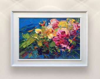 Pittura di fiori astratti su tela, arte originale, pittura di rose rosa, pittura floreale, pittura moderna, decorazione della parete della stanza, regalo per le donne
