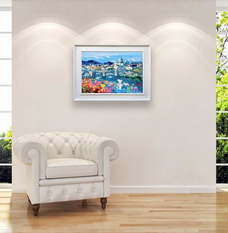 Rome Painting on Canvas, Original Oil Painting, Modern Italy Painting of Vatican City for Room, Home Decor and Unique Gift Idea displayed in a living room with a white sofa