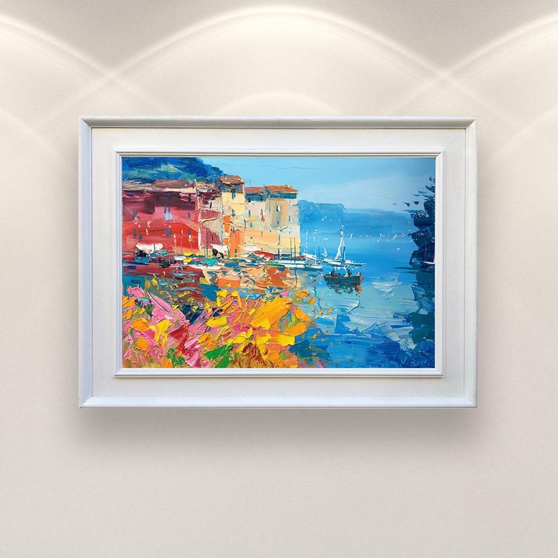Original Portofino oljemålning, impressionistisk italiensk riviera hamn havslandskap väggdekor
