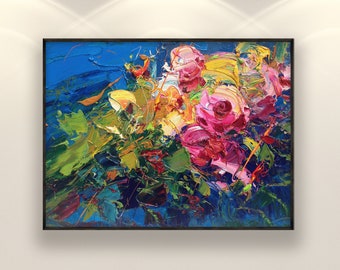 Peinture de fleurs sur toile, oeuvre d'art originale, peinture de roses, peinture impressionniste, peinture florale, art moderne, oeuvre d'art pour le salon, grande oeuvre d'art