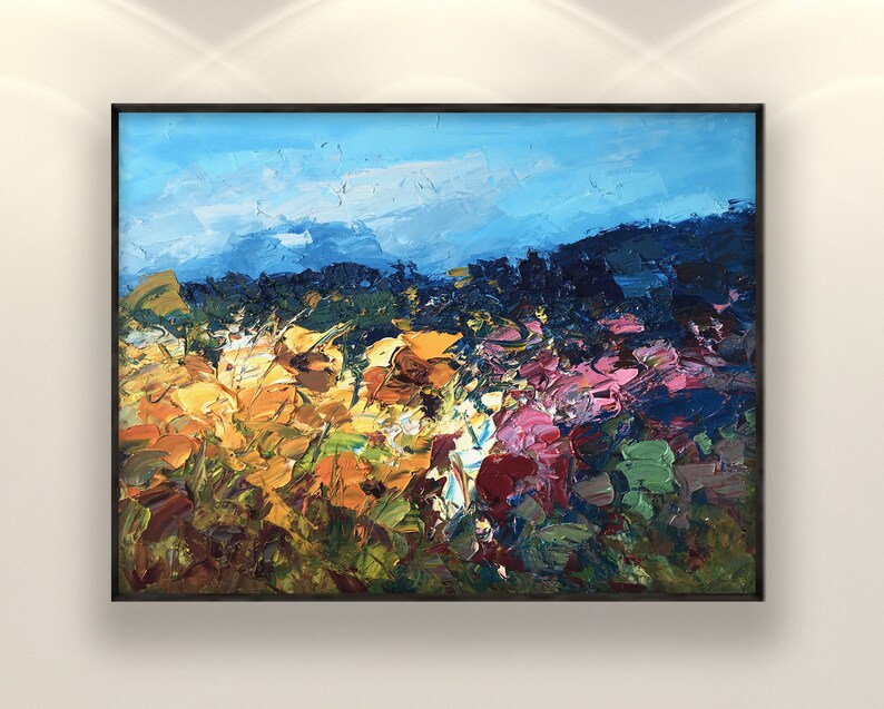Landscape painting, original oil painting on canvas hanging on a modern wall