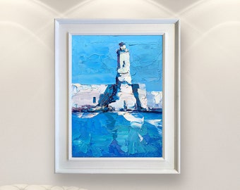 White Lighthouse Painting on Canvas Nautical Wall Art Seascape Painting Modern Wall Decor Beach House Art Framed Original Gift for Men