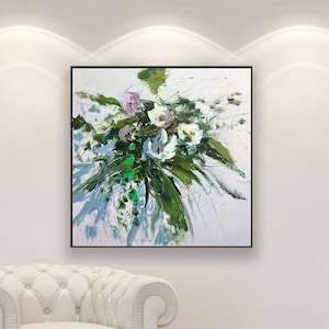 Magnolia-olieverfschilderij op canvas, witte bloemenkunstwerken, getextureerde botanische muurkunst, modern interieur, vierkant canvas, cadeau voor haar