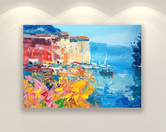 Portofino Art Prints, Original Art, Seascape Wall Art, Canvas Art, Italy Wall Art Prints, Modern Artwork, Kitchen Wall Art, Large Wall Art