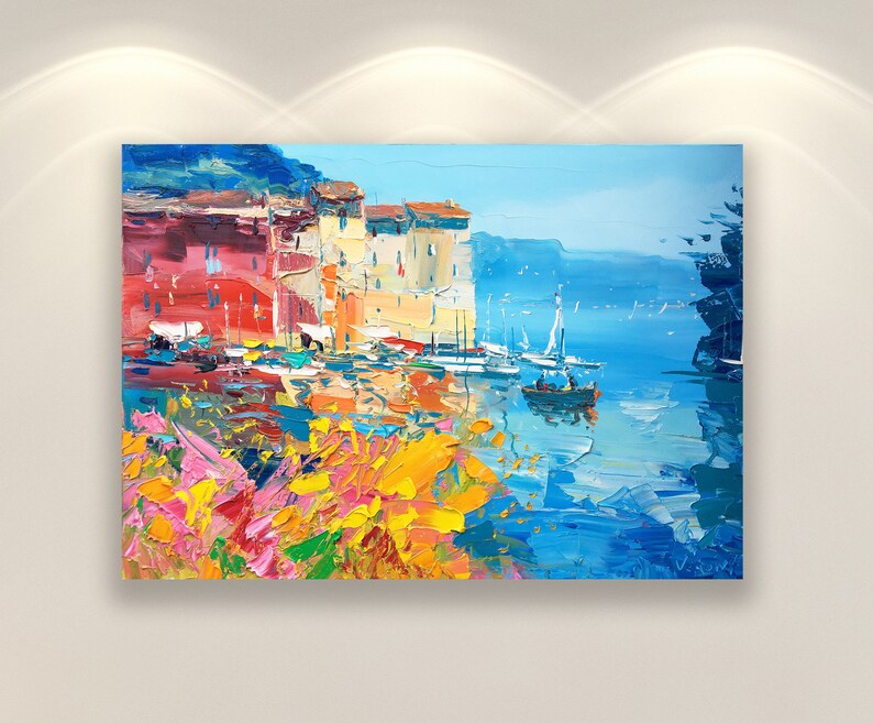 Impressions d'art Portofino, oeuvre d'art originale, art mural paysage marin, art sur toile, impression d'art mural Italie, oeuvre d'art moderne, art mural cuisine, grande oeuvre d'art mural image 1