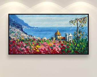 Positano Amalfi Coast Oil Painting on Canvas, Original Hand Painted Impressionist Italian Coastal Art