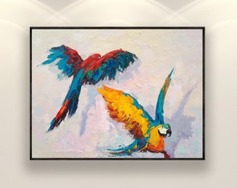 Peinture sur toile de perroquet, oeuvre d'art originale, peinture d'animal de compagnie, peinture d'oiseau, peinture animalière, peinture tropicale, décoration murale d'oiseau, art mural coloré