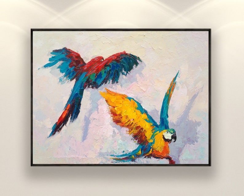 Peinture sur toile de perroquet, oeuvre d'art originale, peinture d'animal de compagnie, peinture d'oiseau, peinture animalière, peinture tropicale, décoration murale d'oiseau, art mural coloré image 1