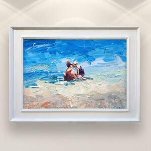 Beach Painting on Canvas, Original Modern Seaside Artwork of Children Playing on the Sand, Textured Coastal Wall Art for Bedroom, Home Decor