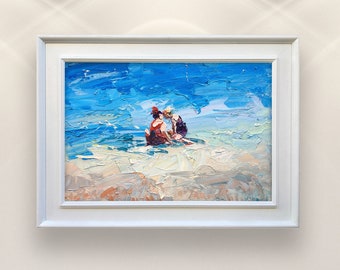 Beach Painting on Canvas, Original Art, Children play on the Beach, Beach Art, Beach Scene, Impressionist Art, Bedroom Wall Decor, Gift