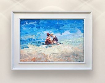 Beach Painting on Canvas, Original Art, Children play on the Beach, Beach Art, Beach Scene, Impressionist Art, Bedroom Wall Decor, Gift