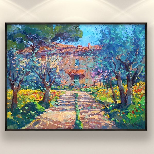 Paysage toscane, peinture sur toile, peinture originale, peinture d'oliviers, peinture de l'Italie, art impressionniste, art mural de la chambre, grande