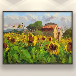 Sunflowers Oil Painting on Canvas, Original Impressionist Landscape Art, Country Wall Decor for Living Room, Large Wall Art, Unique Gift