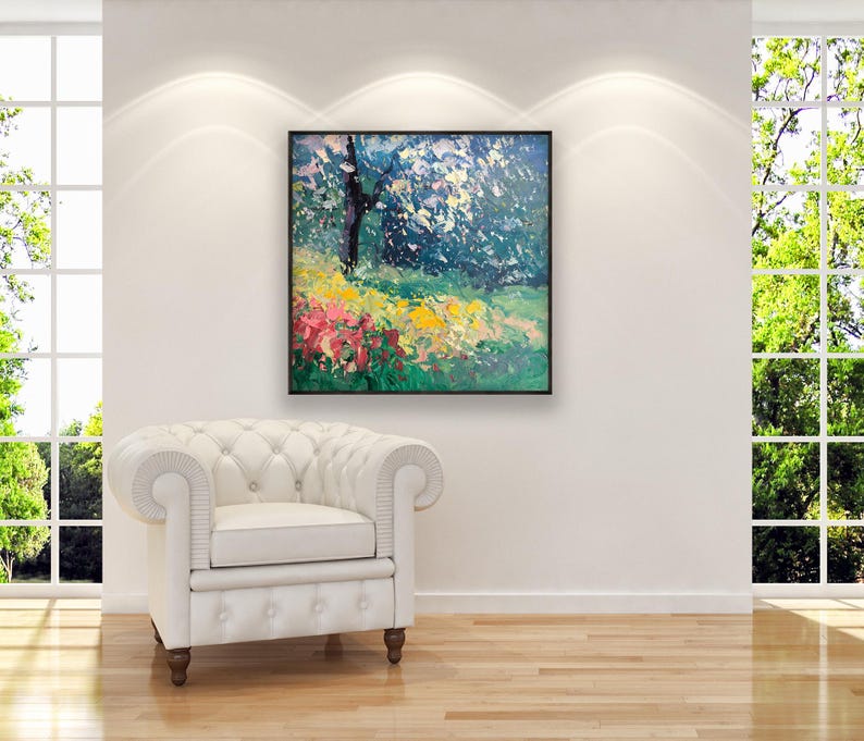 Landscape painting, original oil painting on canvas hanging in a modern living room with a white sofa and home decor