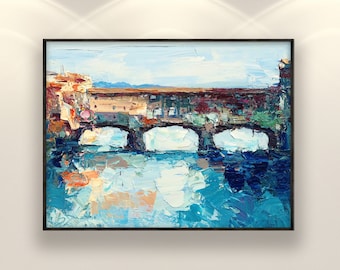 Ponte Vecchio Painting on Canvas, Original Art, Florence Art, Italy Wall Art, City Art, Modern Wall Art, Wall Decor Living Room, Large Art