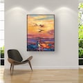 Original Golden Sunset Oil Painting, Modern Abstract Yellow Purple Ocean Impasto Wall Art Decor