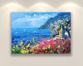 Impresiones artísticas de Positano, arte en lienzo, impresiones de paisajes marinos, impresiones de Italia, arte impresionista, arte de pared para sala de estar, arte de pared grande, arte original