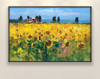 Landscape Painting on Canvas, Original Art, Sunflowers Painting, Italy Wall Art, Impressionist Art, Living Room Wall Art, Large Wall Art