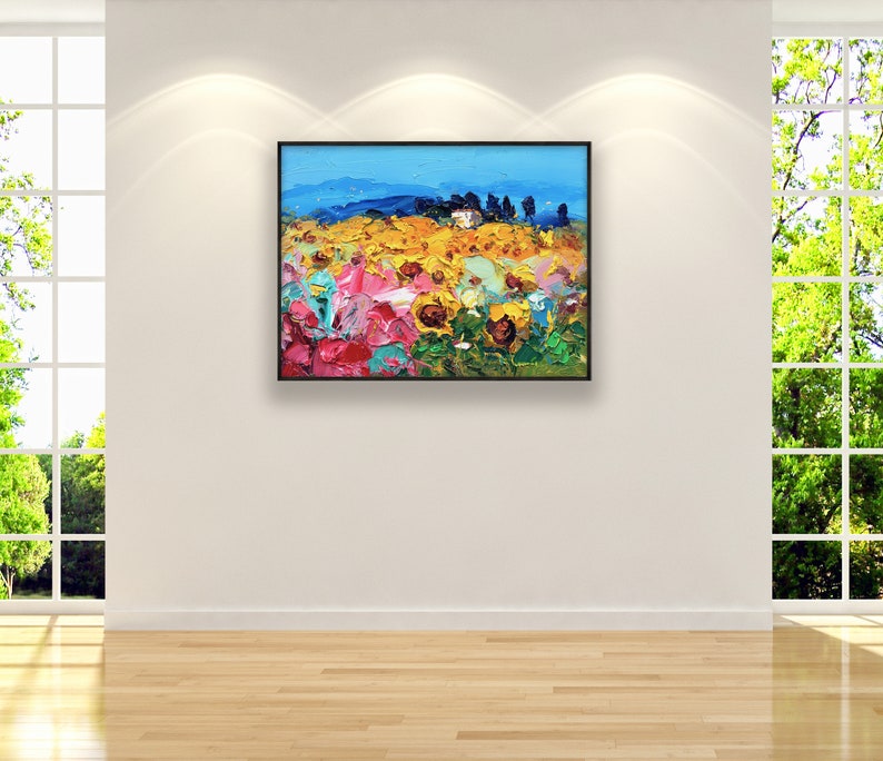 Landscape Painting on Canvas, Original Art, Sunflowers Art, Italy Wall Art, Floral Wall Art, Modern Art, Living Room Wall Art, Large Art image 3