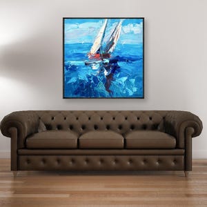 Sailboats painting, original oil painting on canvas hanging in a modern living room with a brown sofa and home decor