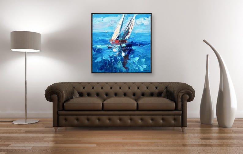 Sailboats painting, original oil painting on canvas hanging in a modern living room with a brown sofa and home decor