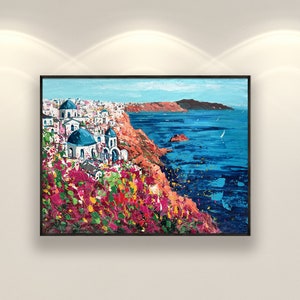 Santorini Painting on Canvas, Original Painting, Greece Painting, Seascape Painting, Impressionist Art, Living Room Wall Art, Large Wall Art image 2