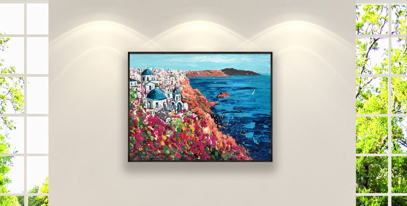 Santorini Painting on Canvas, Original Painting, Greece Painting, Seascape Painting, Impressionist Art, Living Room Wall Art, Large Wall Art image 2