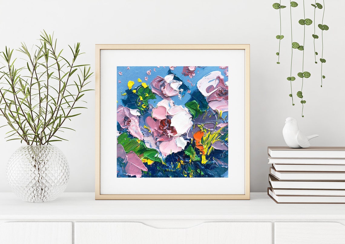 Abstract Flowers Painting on Canvas, Light Pink Floral Art, Textured