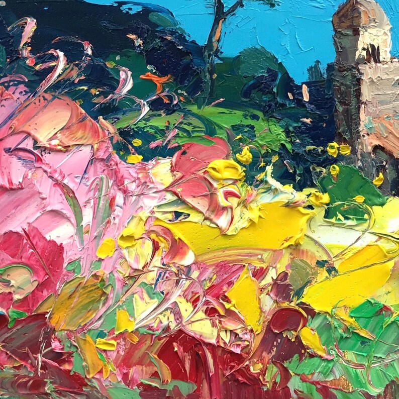 Close-up detail of the painting on a neutral background, showing vibrant pink and yellow flowers with heavy impasto brushstrokes and textured color layers.