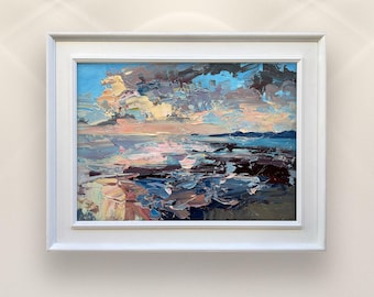 Sunset Beach Oil Painting on Canvas, Original Hand Painted Textured Modern Ocean Art