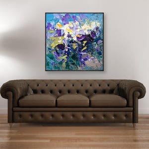 Flowers Painting on Canvas, Original Oil Painting, Modern Abstract Floral Wall Art for Bedroom Wall Decor, Home Decor, Unique Gift for Her displayed in a living room with a brown sofa