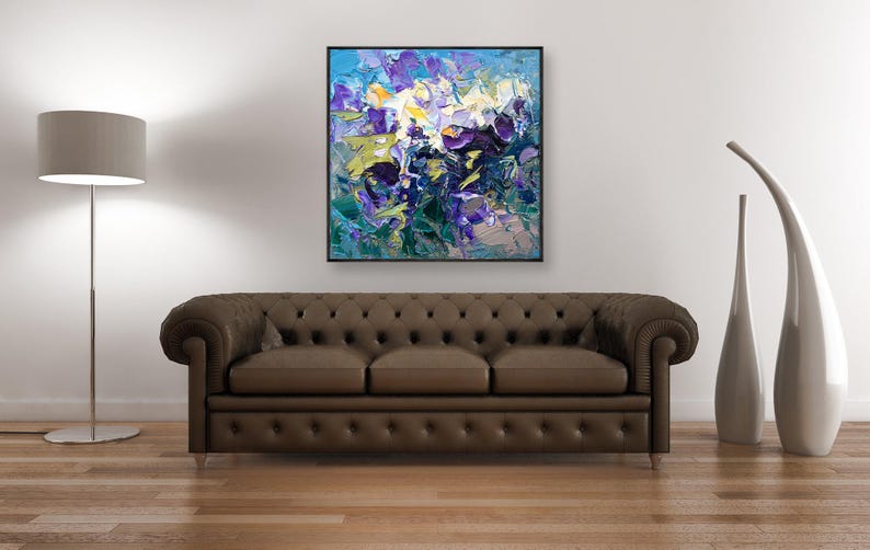 Flowers Painting on Canvas, Original Oil Painting, Modern Abstract Floral Wall Art for Bedroom Wall Decor, Home Decor, Unique Gift for Her displayed in a living room with a brown sofa