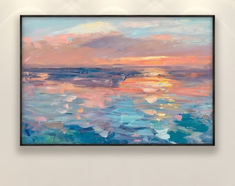 Sunset Painting on Canvas, Original Art, Ocean Painting, Impressionist Painting, Living Room Wall Decor, Extra Large Wall Art, Gift