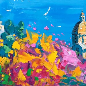 Detail view of thick palette knife brushstrokes showing pink and yellow flowers in the foreground of a Positano coastal oil painting.