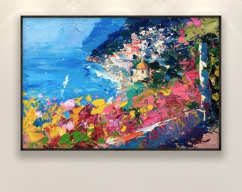 Positano Painting on Canvas, Original Art, Italy Art, Amalfi Coast, Seascape Painting, Impressionist Art, Living Room Wall Art, Large Art