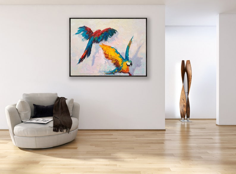 Peinture sur toile de perroquet, oeuvre d'art originale, peinture d'animal de compagnie, peinture d'oiseau, peinture animalière, peinture tropicale, décoration murale d'oiseau, art mural coloré image 4