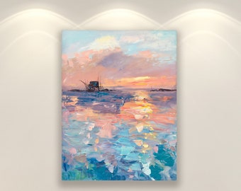 Arte da parete al tramonto, stampa su tela, arte dell'oceano, arte della parete costiera, arte del paesaggio marino, arte della parete moderna, arte della parete della cucina, decorazione della parete, grande arte, regalo