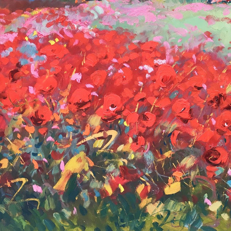 Puede incluir: Pintura impresionista de un campo de amapolas rojas en plena floraci&oacute;n. La obra presenta una vibrante exhibici&oacute;n de tonos rojos, rosas y verdes, con pinceladas visibles que crean un efecto texturizado. La pintura evoca una sensaci&oacute;n de naturaleza y tranquilidad.