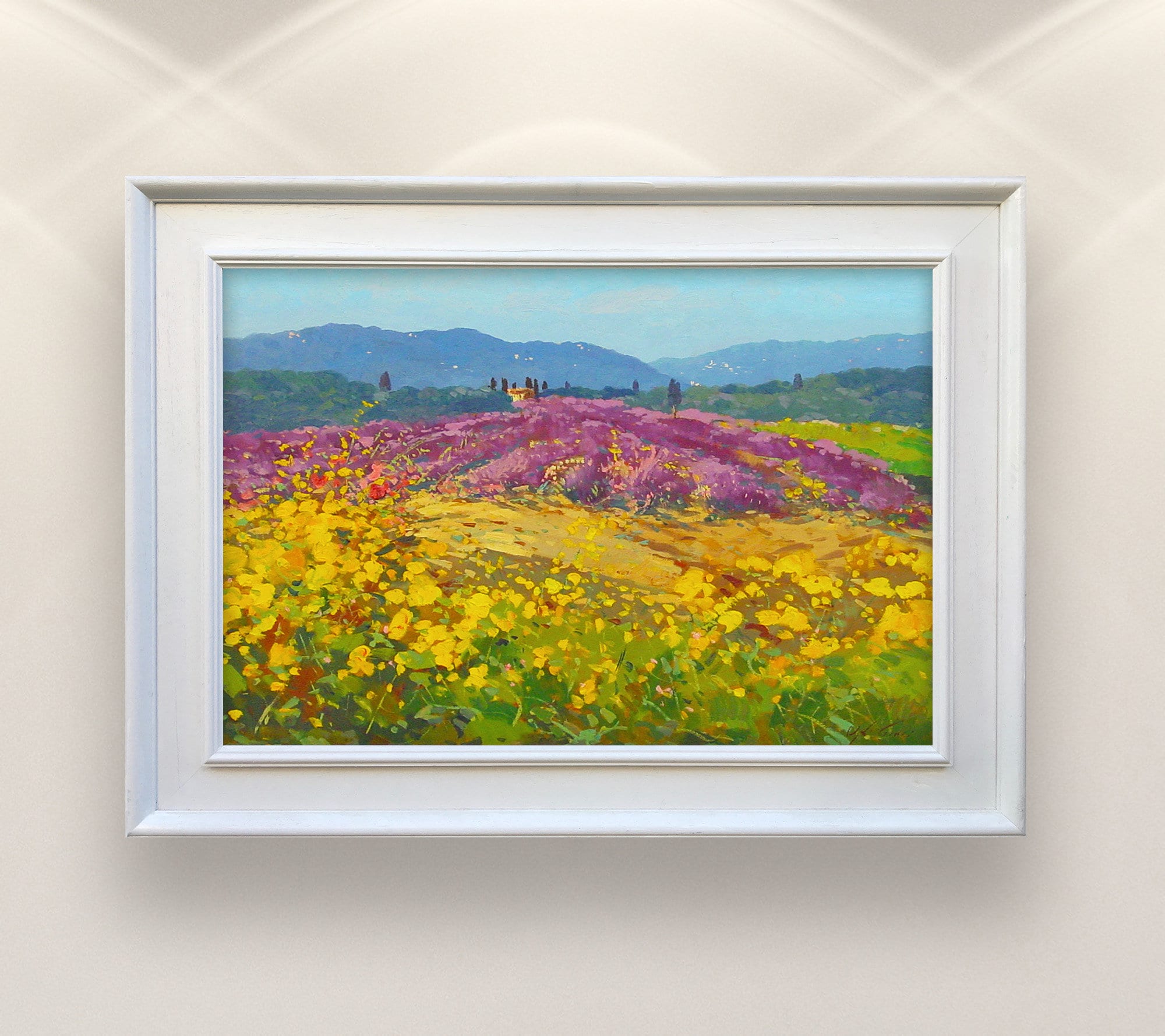 Original Tuscan Landscape Oil Painting on Canvas – Lavender Field & Wildflowers, Impressionist Wall Art for Bedroom or Living Room