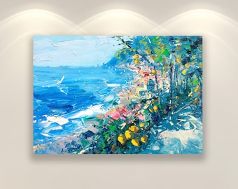 May include: A colorful oil painting depicting a seascape with a sailboat in the distance, a rocky coastline, and a lush green hillside with yellow lemons. The painting is done in a loose, impressionistic style.