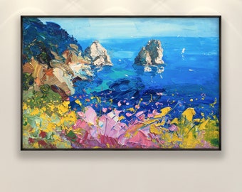 Capri Painting on Canvas, Original Art, Italy Wall Art, Seascape Painting, Impressionist Painting, Living Room Wall Decor, Large Wall Art