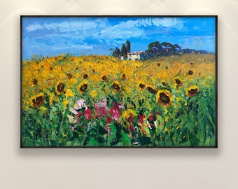 Landscape Painting on Canvas, Original Art, Sunflowers Painting, Impressionist Art, Country Painting, Room Art, Large Wall Art, Italy Gift