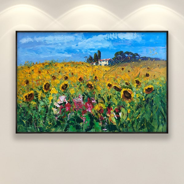 Landscape Painting on Canvas, Original Art, Sunflowers Painting, Impressionist Art, Country Painting, Room Art, Large Wall Art, Italy Gift